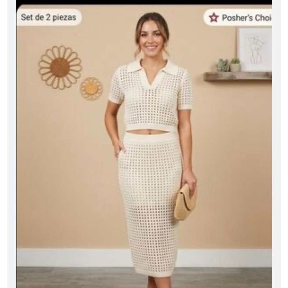 Willow & Wind Crochet Knit 2-Piece Skirt Set Boho Resortwear Womens‎ Small Cream